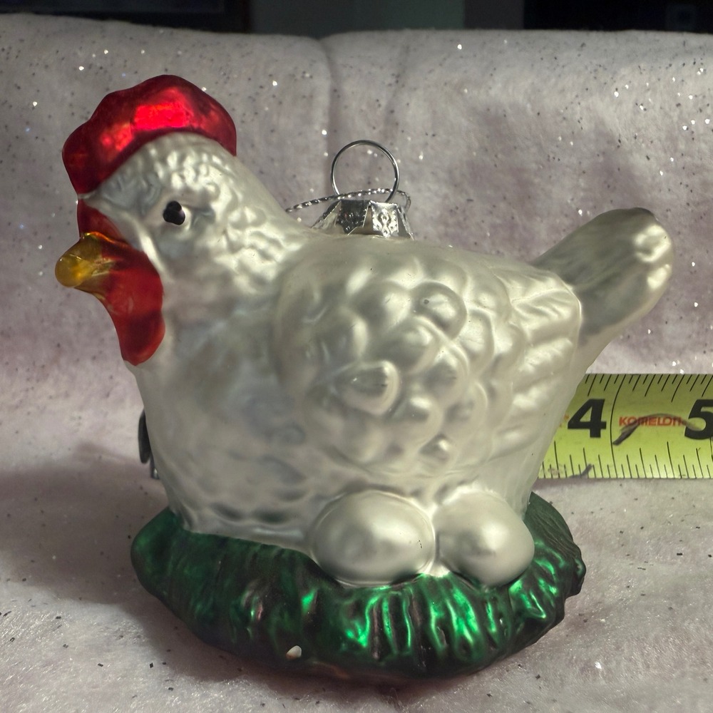 Vintage Blown Glass Hen Chicken Christmas Ornament White Iridescent Farmhouse